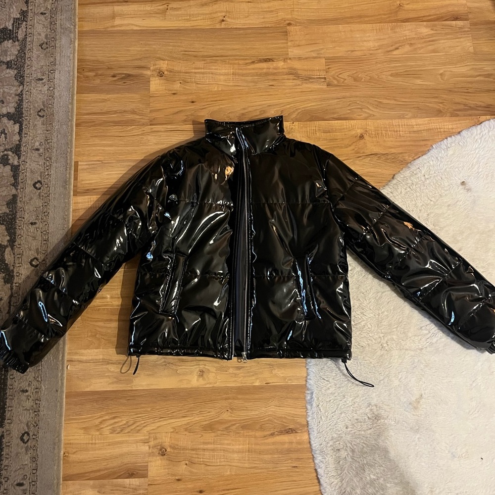 Black Vinyl Puffer Coat - Picture 2 of 7